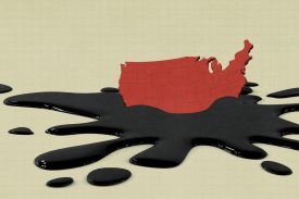 A photo illustration of a map of the United States sinking into a pool of crude oil.