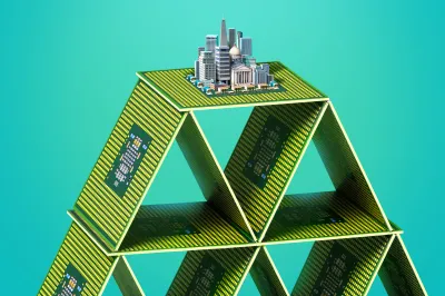An illustration shows semiconductor chips structured like a house of cards with a tiny city with government buildings atop it, ready to topple.