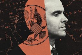 An illustration collage featuring a profile portrait of a man in a suit on the right side. The left side shows a stylized orange silhouette of his head containing the Great Seal of the United States. The background consists of a dark map of the Middle East with various locations labeled, including Turkey, Syria, Israel, and Iran. The overall color palette uses dark tones with high-contrast red and white accents.
