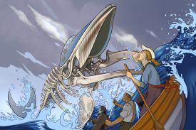 An illustration shows three people in a small wooden boat on a turbulent sea, facing a massive whale that is partially transparent, revealing its skeleton. One person in the boat holds an oar, another holds a harpoon, and a third watches the whale with a hand on their head.