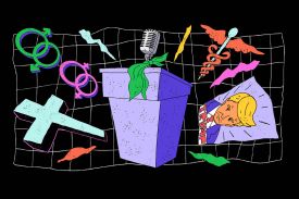 A colorful, stylized illustration on a black background featuring a purple podium with a vintage microphone tied with a green scarf. Surrounding the podium are floating symbols, including interlocking male and female gender signs, a large light-blue cross, a medical caduceus, and an illustration of Donald Trump's face on a piece of paper.