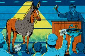 An illustration shows a horse dressed up in a donkey costume hood as he's being auctioned off to a crowd of eager chefs in China.