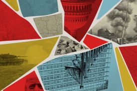 A photo illustration shows fractured colored shard revealing images of nation states in decline: an upside down U.S. Capitol building, the EU building in Brussels, broken columns, part of Donald Trump's head, explosions in the Middle East, and a tank in Ukraine.