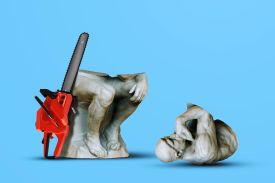 An illustration shows The Thinker statue cut in half with a chainsaw resting next to it.