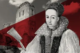 A photo illustration of Elizabeth Bathory, a castle, and a butcher's knife.