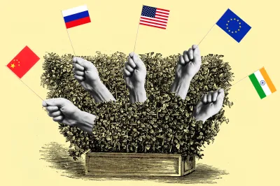 A creative illustration against a pale yellow background showing a garden planter containing a dense green hedge. Five human arms emerge from the hedge, with four of the hands holding small flags of China, Russia, the United States, and the European Union, while the fifth hand holds the flag of India.