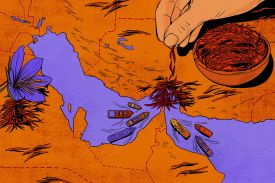 A vibrant illustration showing a hand dropping saffron threads onto a map of the Persian Gulf, where cargo ships sail. A purple crocus flower and bowls of saffron accent the orange and purple landscape.