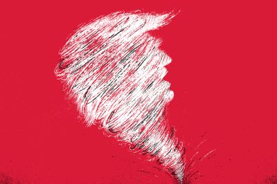 A drawn illustration of a Trump whirlwind on a red background