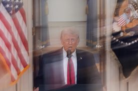 U.S. President Donald Trump, seen in a long-exposure image, speaks during a prime-time address to update the nation on the war in Iran, from the White House in Washington.