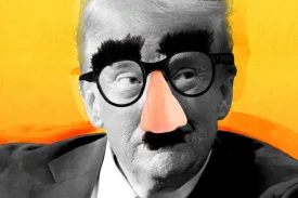 A photo illustration shows President Trump with joke glasses on his face