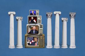 A photo illustration showing six classical Greek or Roman-style columns, plus a stack of televisions as the seventh pillar of populism. The TVs show images of Victor Orban, Narendra Modi, Recep Tayyip Erdogan, and Donald Trump.
