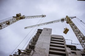 Cranes are used for reconstruction in Chernihiv, Ukraine.
