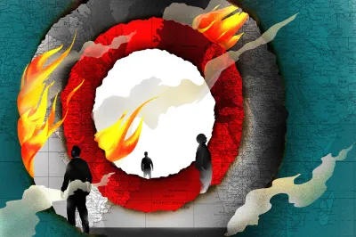 An illustration with a world map background texture and fire cutting through three rings in the map with three human figures inside.