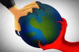 An illustration shows the claws of an eagle and the claws of a dragon fighting over the globe.