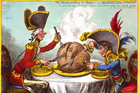 An illustration shows two men seated at a table carving up the globe like a roast.