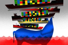 An illustration shows a blue donkey holding an abundance of container ships on its back.
