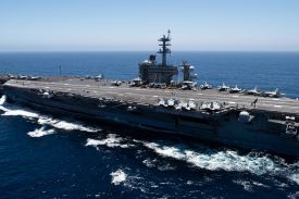 The aircraft carrier USS Theodore Roosevelt (CVN-71) transits the Pacific Ocean.
