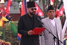 Balendra Shah takes his oath as prime minister during a swearing-in ceremony in Kathmandu, Nepal, on March 27.