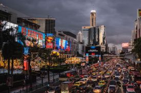Traffic in front of Baiyoke Tower II in Bangkok, Thailand, on July 14, 2025.