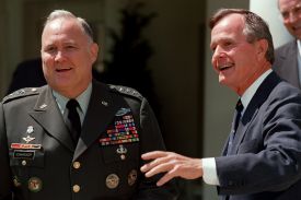 Gulf War commander Norman Schwarzkopf  faces media with U.S. President George H.W. Bush at the White House in Washington on April 23, 1991.