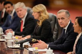 Canadian Prime Minister Mark Carney speaks during a meeting with Chinese President Xi Jinping at the Great Hall of the People in Beijing on Jan. 16.