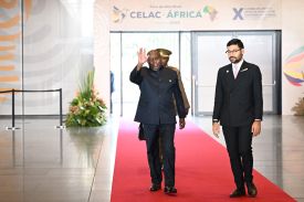 Burundian President Evariste Ndayishimiye arrives for the CELAC-Africa High-Level Forum in Bogotá, Colombia, on March 21.