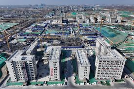 An aerial drone photo shows new university campuses under construction in Xiong’an New Area, northern China’s Hebei province, on Feb. 11.