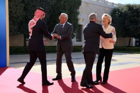 King Abdullah II and Crown Prince Hussein of Jordan welcome European Commission President Ursula von der Leyen and European Council President António Costa during the first-ever summit held between Jordan and the European Union in Amman, Jordan, on Jan. 8.