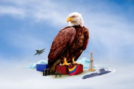 An illustration of a large bald eagle perched atop small shipping containers with the flag of Venezuela draped over them, surrounded by oil barrels, soldiers, a fighter jet, a warship, and an oil rig. They are set against an icy landscape and a blue, cloudy sky.