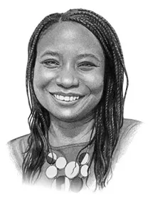 An illustrated portrait of Nos Gbadamosi smiling