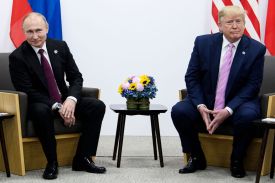 Then-U.S. President Donald Trump attends a meeting with Russian President Vladimir Putin during the G-20 summit in Osaka, Japan.