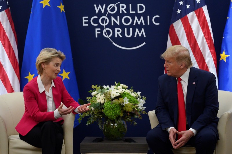 U.S. President Donald Trump speaks with European Commission President Ursula von der Leyen prior to their meeting at the World Economic Forum in Davos, Switzerland, on Jan. 21, 2020.