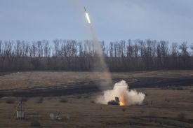 Ukrainian Army troops fire BM-21 "Grad" rockets at Russian positions on March 02, 2023 in the Donetsk Region of eastern Ukraine.