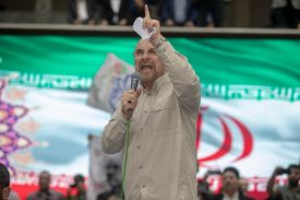Conservative Iranian parliament Speaker Mohammad Bagher Qalibaf, a candidate for the June 28 presidential election, addresses a rally June 26, 2024 in Tehran.