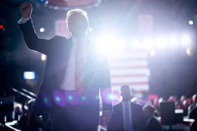 Republican presidential nominee, former President Donald Trump pumps his fist as he walks off stage at the end of a campaign rally at the Santander Arena on November 04, 2024 in Reading, Pennsylvania.
