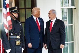 U.S. President Donald Trump welcomes Israeli Prime Minister Benjamin Netanyahu at the White House in Washington on April 7, 2025.
