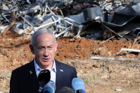 Israeli Prime Minister Benjamin Netanyahu visits the site of the Weizmann Institute of Science, which was hit by an Iranian missile barrage, in Rehovot on June 20, 2025.
