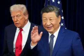 U.S. President Donald Trump and Chinese President Xi Jinping react after posing for photos ahead of a bilateral meeting at Gimhae Air Base on October 30, 2025 in Busan, South Korea.