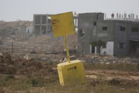 A general view of a concrete block marking the "Yellow Line" drawn by the Israeli military in Bureij, central Gaza Strip, on November 4, 2025.