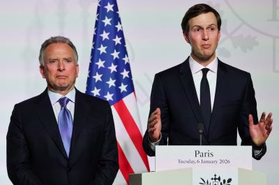 U.S. special envoy Steve Witkoff and Jared Kushner speak at a press conference.