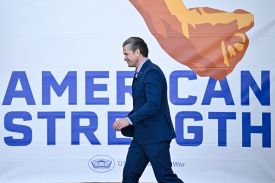 U.S. Defense Secretary Pete Hegseth arrives to speak at Blue Origin in Cape Canaveral, Florida, on Feb. 2.