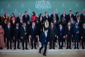 U.S. Secretary of State Marco Rubio, center, steps away after posing for a “family photo” with the 55 government officials who were invited to the first Critical Minerals Ministerial in Washington.