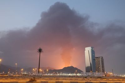 A tall plume of black smoke ascends following an explosion in the Fujairah industrial zone of the United Arab Emirates on March 3.