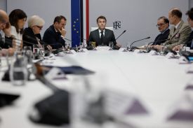 France's President Emmanuel Macron speaks next to France's Prime Minister Sebastien Lecornu and France's Defence Minister Catherine Vautrin during a national defense council meeting on Middle East war at the Elysee Palace in Paris on March 17, 2026.