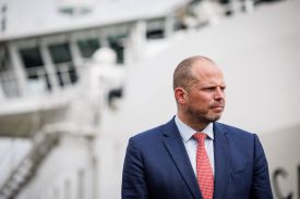 Belgian Defense Minister Theo Francken attends a press visit organized to mark the restart of activities on the research vessel Belgica, at the naval base in Zeebrugge, Belgium, on April 1.