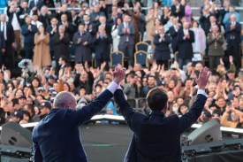 French President Emmanuel Macron and Armenian Prime Minister Nikol Pashinyan acknowledge the crowd after an event in Gyumri, Armenia, on May 5.