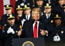 President Donald Trump speaks at Suffolk Community College on July 28, 2017 in Brentwood, New York.