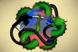 An illustration shows a green dragon grappling with a gas pump, both wrapped around a globe.