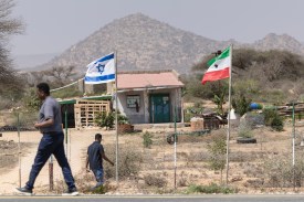 Flags of Israel and Somaliland fly alongside each other at the entrance to a fruit farm between the capital city of Hargeisa and Port city of Berbera in Somaliland on February 19.