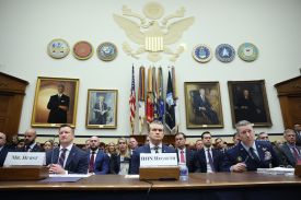 From left, acting Pentagon comptroller Jules Hurst III, U.S. Defense Secretary Pete Hegseth, and Gen. Dan Caine, chairman of the Joint Chiefs of Staff testify before the House Armed Services Committee.